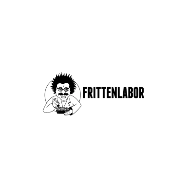 Logo von Frittenlabor mit Cartoonfigur, die Pommes hält, und stylisierter Schrift.